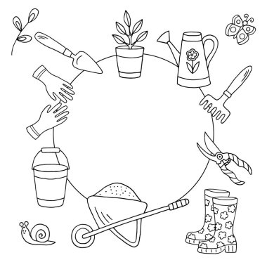 İlkbaharda el çizimi bahçe aletleri ve bitkilerle vektör karalama çerçevesi, çocuklar ve yetişkinler için boyama sayfası