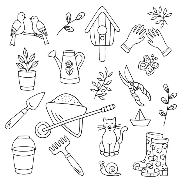 Vector Doodle Set Met Handgetekende Tuingereedschappen Lenteplanten Dieren Kleurplaat Voor — Stockvector