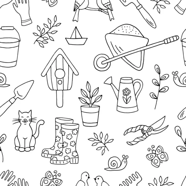 Vector Doodle Nahtloses Muster Mit Handgezeichneten Gartenwerkzeugen Frühlingspflanzen Und Tieren — Stockvektor