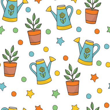 Örtülerin, paketlerin ve tekstil üzerindeki parmak izlerinin tasarımı için el yapımı sulama kutularıyla ve beyaz arka planda bir bitki deseni olan vektörsüz şablon.