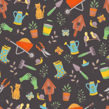 Kitap, çıkartma, ambalaj kapakları ve tekstil baskıları tasarımı için, karanlık arka planda bahçe araçları, bitkiler ve hayvanlar ile parlak yay desen çizilmiş vektör