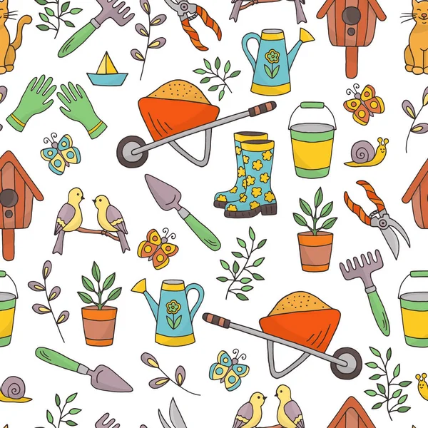 Motif Vectoriel Sans Couture Avec Ensemble Outils Jardin Sur Fond — Image vectorielle