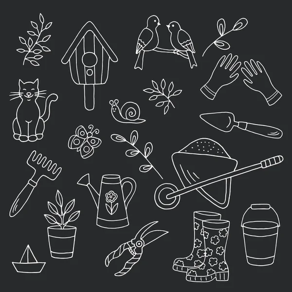 Векторный Яркий Пружинный Рисунок Ручной Работы Набором Садовых Инструментов Растений — стоковый вектор