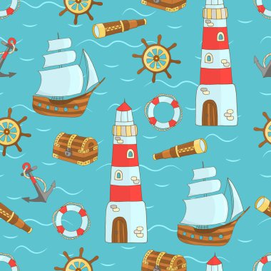 Gemi, deniz feneri, direksiyon, deniz kaplumbağası, çapa, hazine sandığı, can simidi, mavi arkaplan üzerinde teleskop, kapak, kitap, ambalaj, duvar kâğıdı, tekstil baskısı gibi deniz temalı vektörsüz desenler.