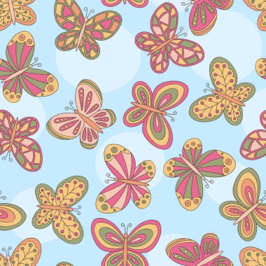 Kapak, kitap, ambalaj, duvar kâğıdı ve tekstil tasarımları için, mavi zemin üzerine çok renkli kelebekler çizilmiş vektörsüz desen.