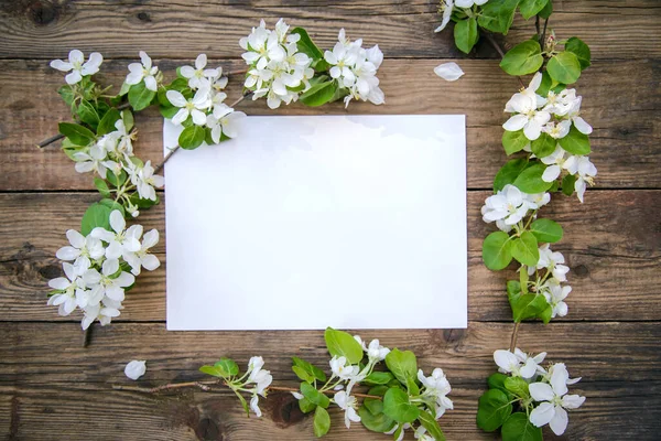 Ветка Цветущей Яблони Белыми Цветами Лист Бумаги Деревенском Деревянном Фоне — стоковое фото
