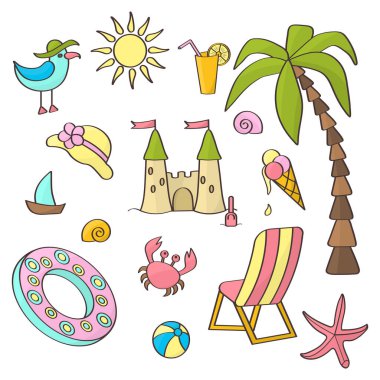 Yaz tatilleri temalı çok renkli vektör seti: Palmiye ağacı, güneş, yengeç, şezlong, martı, kumdan kale, top, dondurma, deniz yıldızı, deniz kabuğu, beyaz zemin üzerinde meyve suyu. Kapak tasarımı, ambalaj, tekstil baskısı için