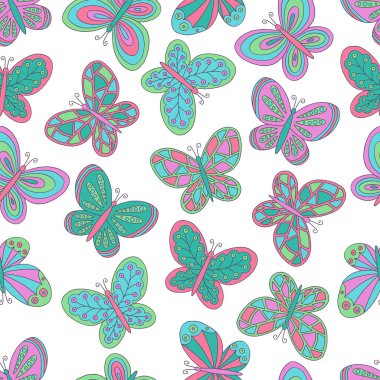 Kapak, kitap, ambalaj, duvar kâğıdı ve tekstil tasarımları için, beyaz arkaplan üzerine çok renkli kelebekler çizilmiş vektörsüz desen