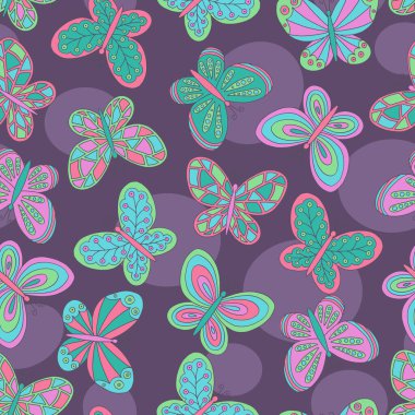 Kapak, kitap, ambalaj, duvar kâğıdı ve tekstil tasarımları için, mor zemin üzerinde çok renkli kelebekler çizilmiş, vektörsüz desen