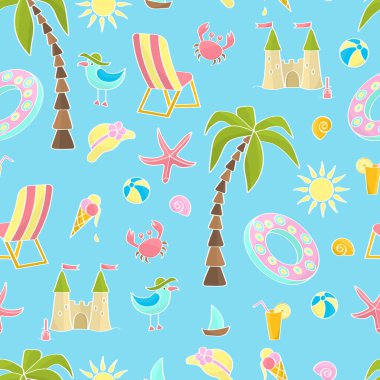 Yaz tatili teması üzerinde çok renkli renksiz desenler: palmiye ağacı, güneş, yengeç, şezlong, martı, kumdan kale, top, dondurma, denizyıldızı, deniz kabuğu, mavi zemin üzerinde meyve suyu. Kapak tasarımı, ambalaj, tekstil baskısı için