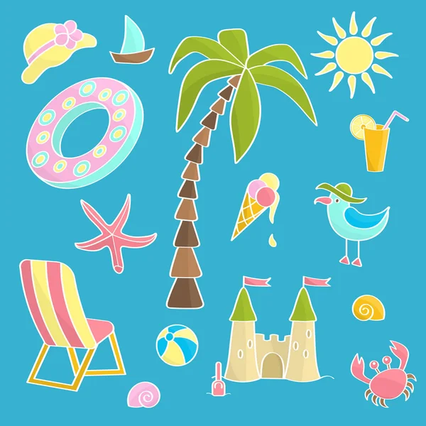 Vector Multi Colored Set Theme Summer Sea Holidays Palm Tree — Stock Vector