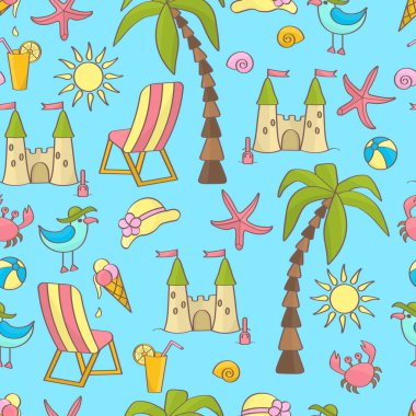 Yaz tatili teması üzerinde çok renkli renksiz desenler: palmiye ağacı, güneş, yengeç, şezlong, martı, kumdan kale, top, dondurma, denizyıldızı, deniz kabuğu, mavi zemin üzerinde meyve suyu. Kapak tasarımı, ambalaj için