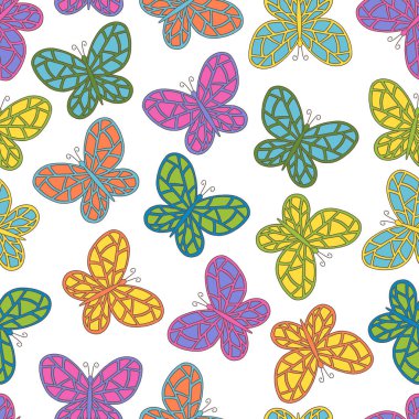 Beyaz arkaplanda, kapak tasarımı, ambalajı, tebrik kartları, tekstil baskısı için güzel, el yapımı, çok renkli kelebeklerin vektörsüz deseni.