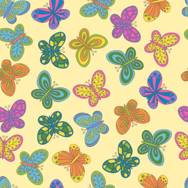 Sarı arkaplandaki güzel el yapımı çok renkli kelebeklerin kusursuz desenleri, kapak tasarımı, ambalaj, tebrik kartları, tekstil baskısı için.