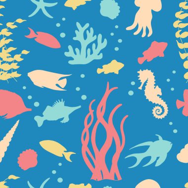 Mavi arka planda deniz balığı siluetleri olan vektörsüz desen. Kapak, kitap, ambalaj, duvar kağıdı, tekstil tasarımı için