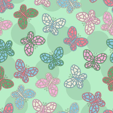 Yeşil bir zemin üzerinde el yapımı çok renkli güzel kelebeklerin vektörsüz deseni, kapak tasarımı, ambalaj, tebrik kartları, tekstil baskısı için.