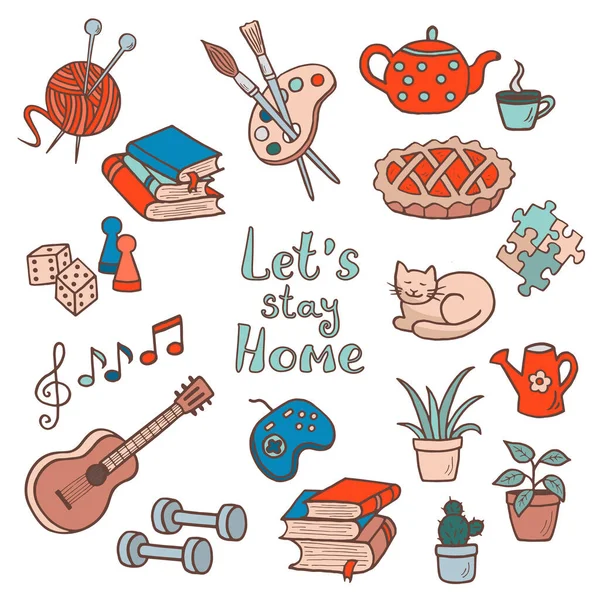 Vector Set Hand Drawn Doodle Home Activities Χόμπι Σχέδιο Πλέξιμο — Διανυσματικό Αρχείο