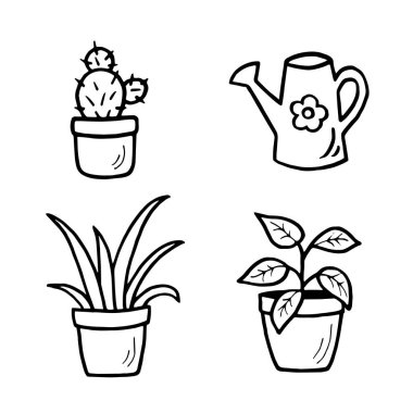 Elle çizilmiş saksı, sulama kutusu, karalama, vektör illüstrasyonu. Çocuklar ve yetişkinler için boyama sayfası
