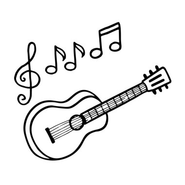 El yapımı gitar ve nota kağıtları, Doodle, vektör çizimi. Çocuklar ve yetişkinler için boyama sayfası