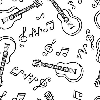 Elle çizilmiş gitar ve notalarla kusursuz bir engeldi Doodle, vektör illüstrasyonu. Çocuklar ve yetişkinler için boyama sayfası