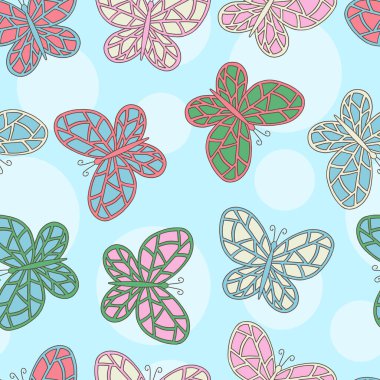 Mavi arkaplandaki güzel el yapımı çok renkli kelebeklerin kusursuz desenleri, kapak tasarımı, ambalaj, tebrik kartları, tekstil baskısı için.