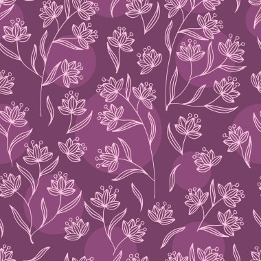 Kapak, ambalaj, tekstil, duvar kâğıdı, kumaş ve kumaş tasarımları için, kestane rengi arka planda güzel çiçeklerin bej hatlarıyla soyut, pürüzsüz desen.