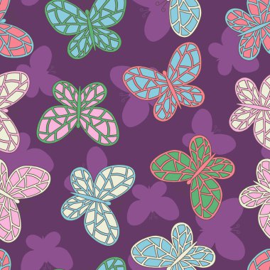 Mor arkaplandaki güzel el yapımı çok renkli kelebeklerin kusursuz desenleri, kapak tasarımı, ambalaj, tebrik kartları, tekstil baskısı için.
