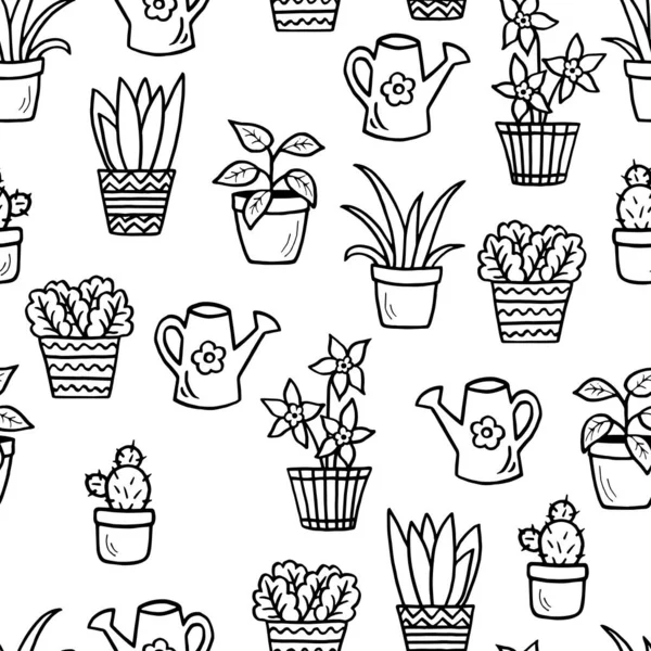 Vektor Nahtloses Muster Mit Handgezeichneten Zimmerpflanzen Und Blumen Malseite Für — Stockvektor