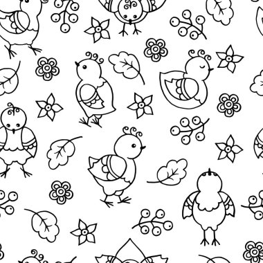 Elle çizilmiş tuhaf tavuklar ve kuşlarla kusursuz bir model. Karalama çizimi. Çocuklar ve yetişkinler için boyama sayfası.