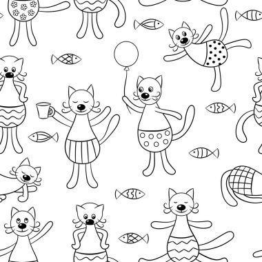 Bir grup balıklı komik kedili kusursuz desen, beyaz bir arka planda izole edilmiş. Çocuklar ve yetişkinler için boyama sayfası. Vektör illüstrasyonu