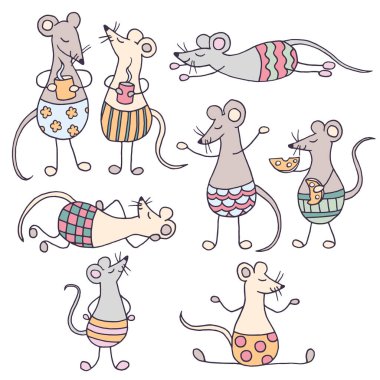 Beyaz bir arka planda izole edilmiş sevimli, komik, el çizimi fareler.