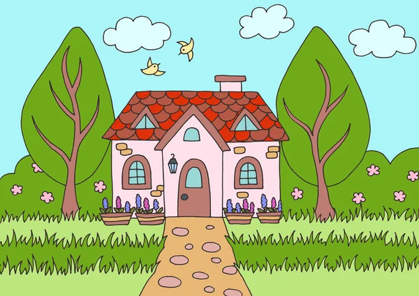 Foto Cartone Animato Con Una Casa Carina Natura Illustrazione Vettoriale — Vettoriale Stock