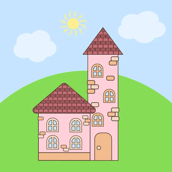 Векторный Розовый Дом Башней Коричневыми Крышами Летом — стоковый вектор