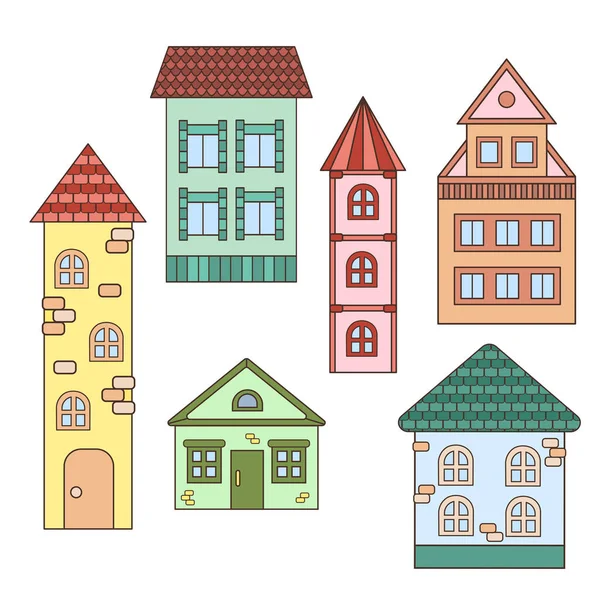 Ensemble Maisons Tours Vectorielles Multicolores Isolées Sur Fond Blanc — Image vectorielle