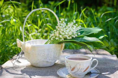 Bahar çiçekleri, yeşil yapraklı vadi çiçekleri dantelli beyaz bir sepet ve bir fincan çay.