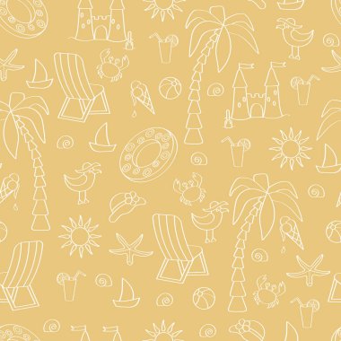 Vektör pürüzsüz desen: kumlu bir zemin üzerindeki beyaz nesnelerin ana hatları, deniz kenarında dinlenme ve tatil, ambalaj tasarımı, kapaklar, duvar kağıdı, tekstil üzerine baskı