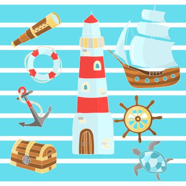 Mavi ve beyaz çizgili arka plan üzerinde el yapımı deniz temalarının vektör seti: gemi, deniz feneri, göğüs, deniz kaplumbağası, çapa, teleskop, kartpostalların, kitapların, kapakların, paketlerin ve tekstil baskılarının tasarımı için