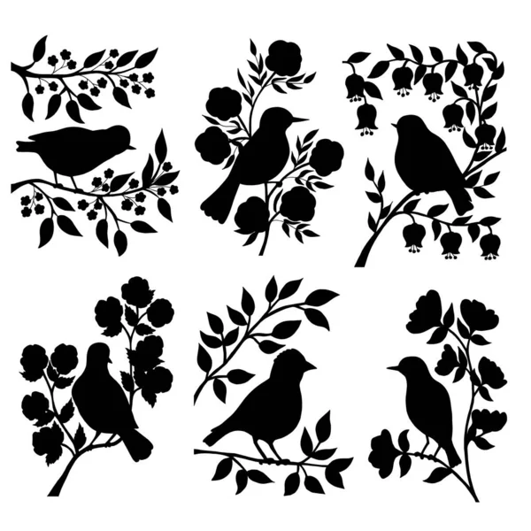 Vector Set Black Silhouettes Birds Branches Flowers Leaves White Background — Stock Vector