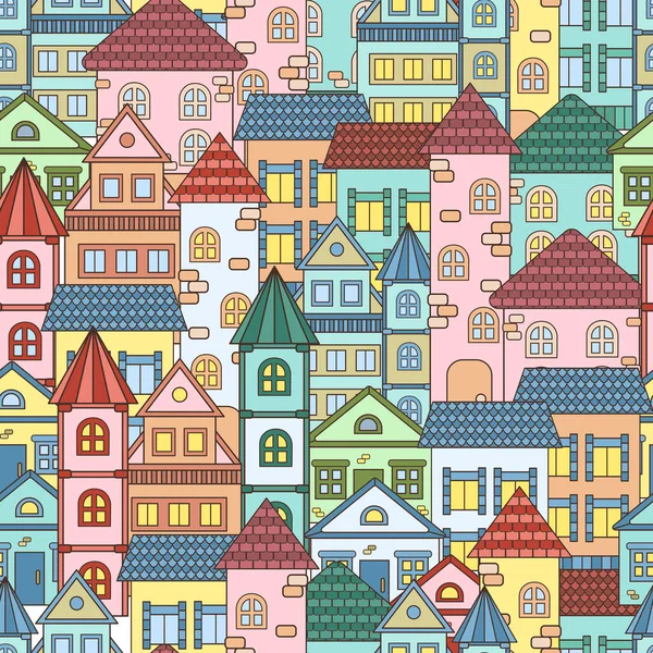 Векторный Бесшовный Узор Разноцветными Домами Городе Оформления Упаковки Обложек Обоев — стоковый вектор