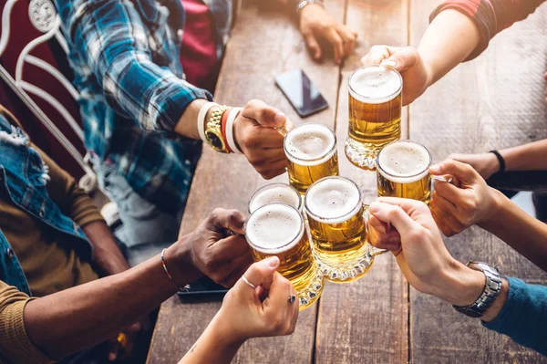 Grupo de personas disfrutando y brindando por una cerveza en un pub cervecero - Fr — Foto de Stock