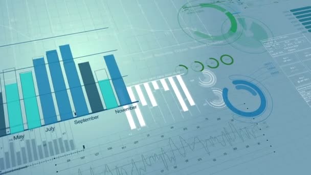 Hermosa animación 3d de la información del mercado de valores. Figuras financieras y diagramas Creciendo en el fondo digital. HD 1080 . — Vídeo de stock