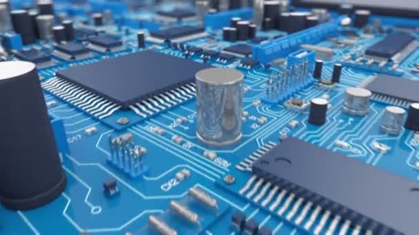 Beautiful 3d animation of the Motherboard in Close-up Seamless. DOF Blur. Looped Flight over the Circuit Board. HD 1080. — Αρχείο Βίντεο