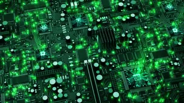 Beautiful 3d animation of the Endless Motherboard with Moving Green Flares and Working Processors. Looped Motion over the Circuit Board. HD 1080. — Stock video