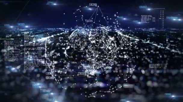 Globales Geschäftsnetzwerk mit Zahlen über der nächtlichen Stadtbeleuchtung. 3D nahtlose Animation des Technologie-Konzepts. Schleife. 1080. — Stockvideo