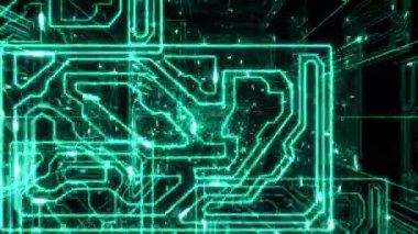 Güzel uçan içinde bilgisayar işlemcisi. Hızlı elektron hatlar arasında taşıma. Soyut ağ kavramı. Loopable 3d animasyon. HD 1080.