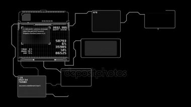 Güzel akış çizelgeleri animasyon çizim. Fütüristik Hud numaraları ve kod çalışan ile. Head-up Display bilgisayar veri. Yüksek teknoloji kavramı öğesi. Full Hd 1920 x 1080.