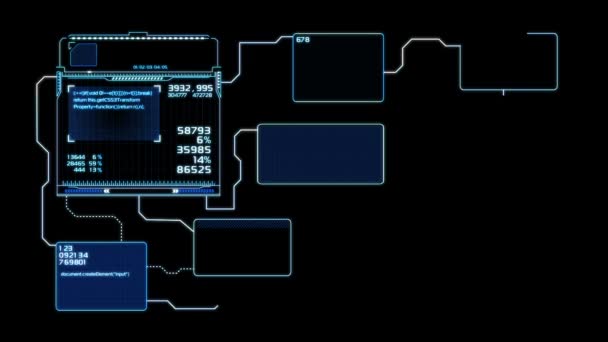 Hermosos diagramas de flujo Dibujo Animación con destellos de color azul. HUD futurista con números y código en ejecución. Head-up Display Computer Data. Elemento Concepto de Alta Tecnología. Full HD 1920x1080 . — Vídeo de stock