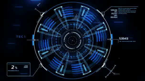 Hermoso HUD futurista azul con llamaradas y destellos. Números y código en ejecución. Escáner de objetivo con rotación de radar. Head-up Display Computer Data. Elemento Concepto de Alta Tecnología. Full HD 1920x1080 . — Vídeo de stock