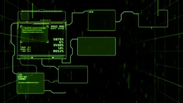 Schöne Flussdiagramme Zeichnung Animation mit Blitzen und Linien grüne Farbe. futuristisches Hud mit Zahlen und Code läuft. Head-up-Anzeige von Computerdaten. Hightech-Konzeptelement. voll hd 1920x1080. — Stockvideo