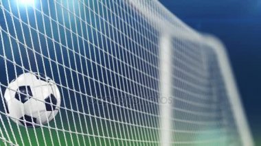 Ağır çekim futbol topu hedefi Net uçan 3d animasyon. Güzel futbol yakın spor kavram. 4k Uhd 3840 x 2160.